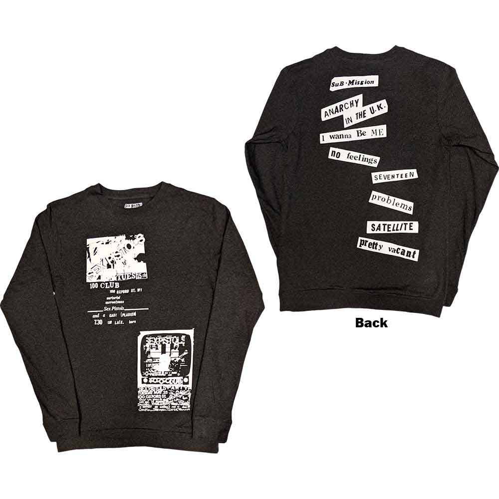 The Sex Pistols Unisex Long Sleeve T-Shirt: 100 Club (Charcoal Grey) (Back Print)