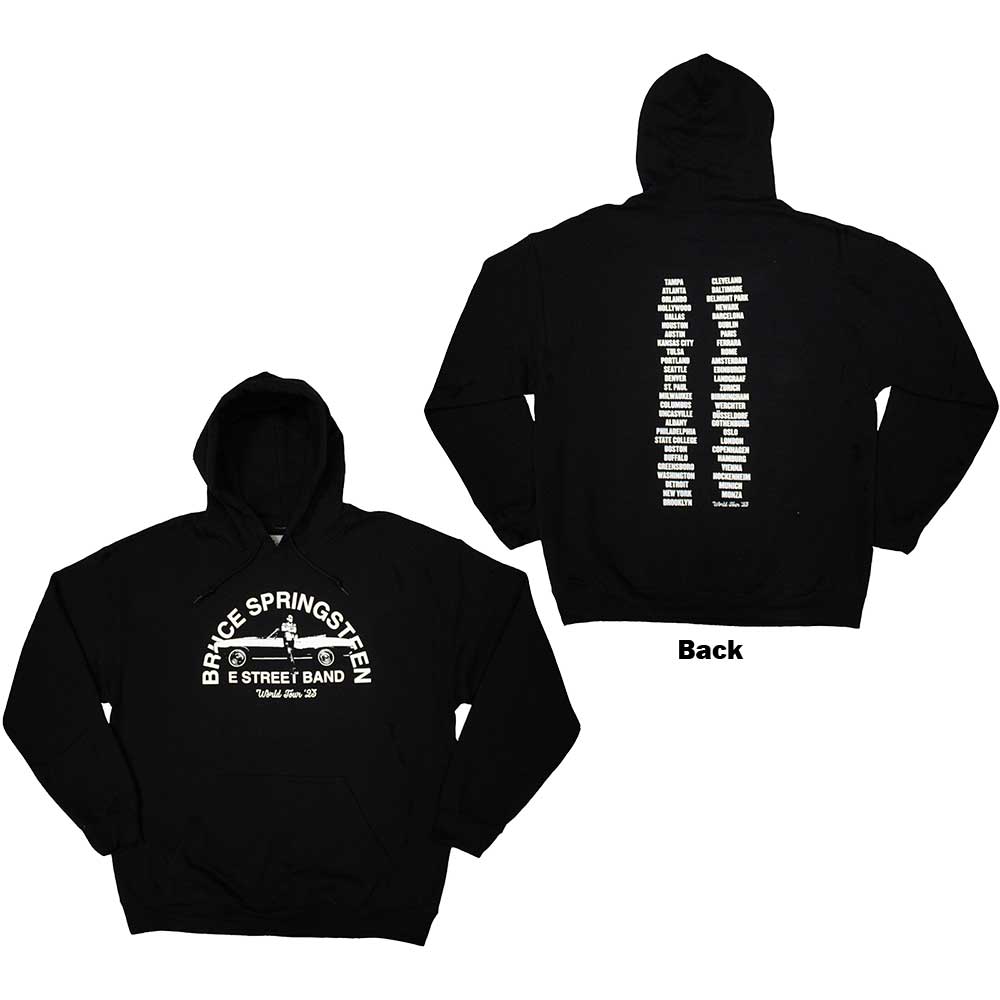 Bruce Springsteen Unisex Pullover Hoodie: Tour '23 Leaning Car (Black) (Back Print & Ex-Tour)