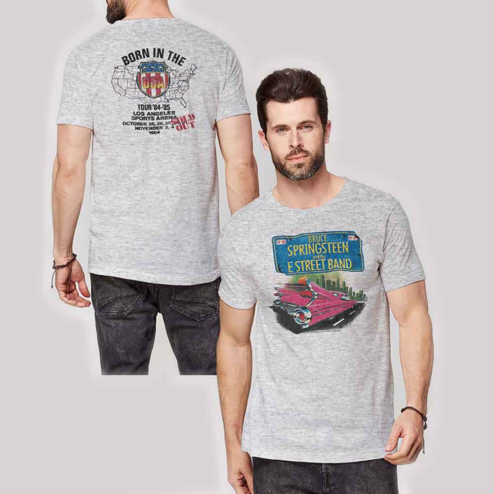 Bruce Springsteen Unisex T-Shirt: Pink Cadillac (Heather Grey) (Back Print)