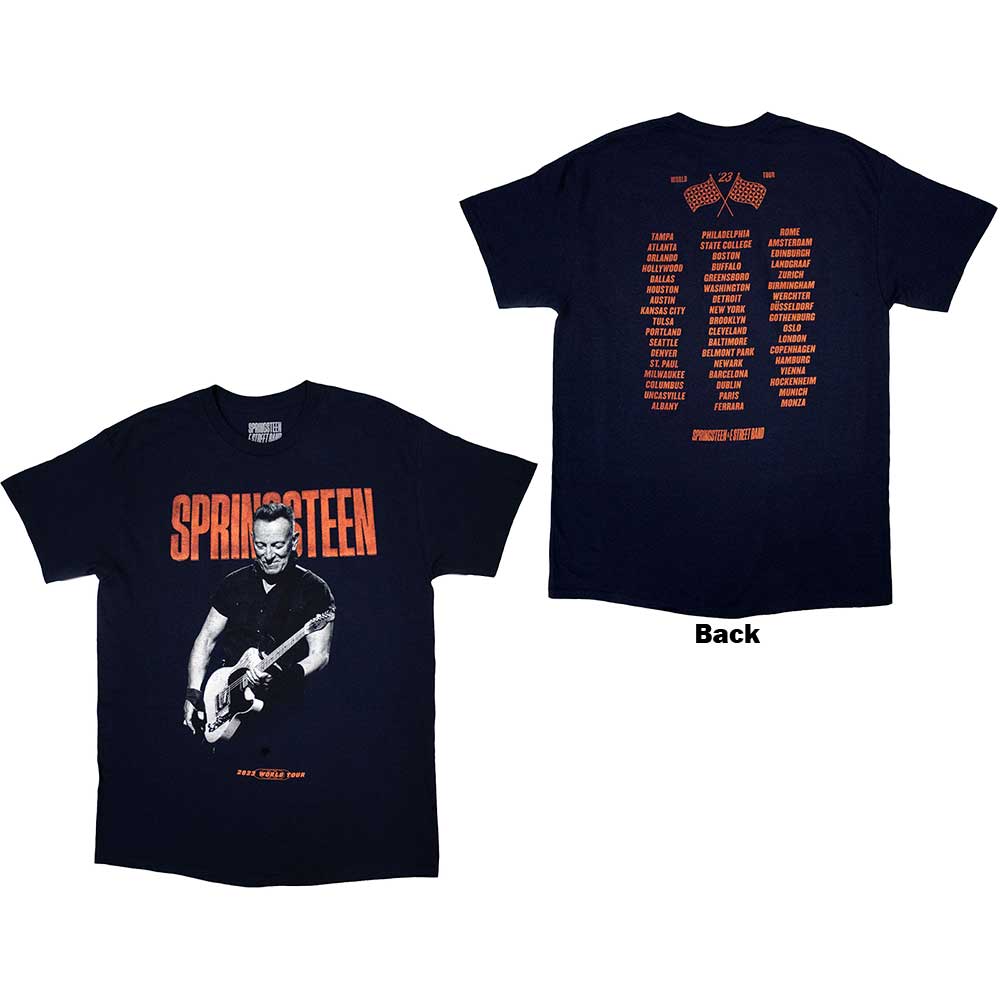 Bruce Springsteen Unisex T-Shirt: Tour '23 Guitar (Navy Blue) (Back Print & Ex-Tour)