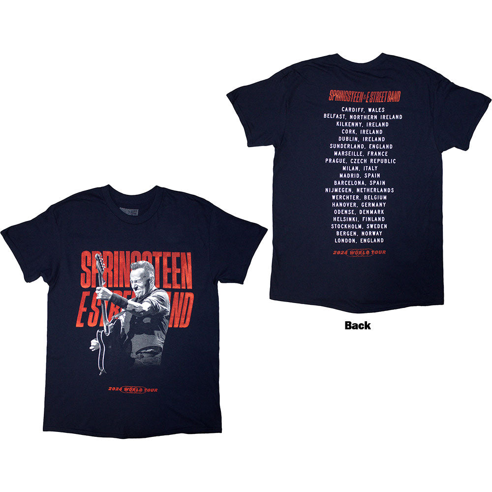 Bruce Springsteen Unisex T-Shirt: Tour '24 Guitar Photo (Navy Blue) (Back Print & Ex-Tour)