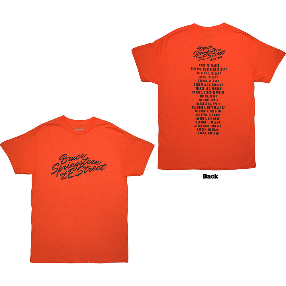 Bruce Springsteen Unisex T-Shirt: Tour '24 River Font (Orange) (Back Print & Ex-Tour)