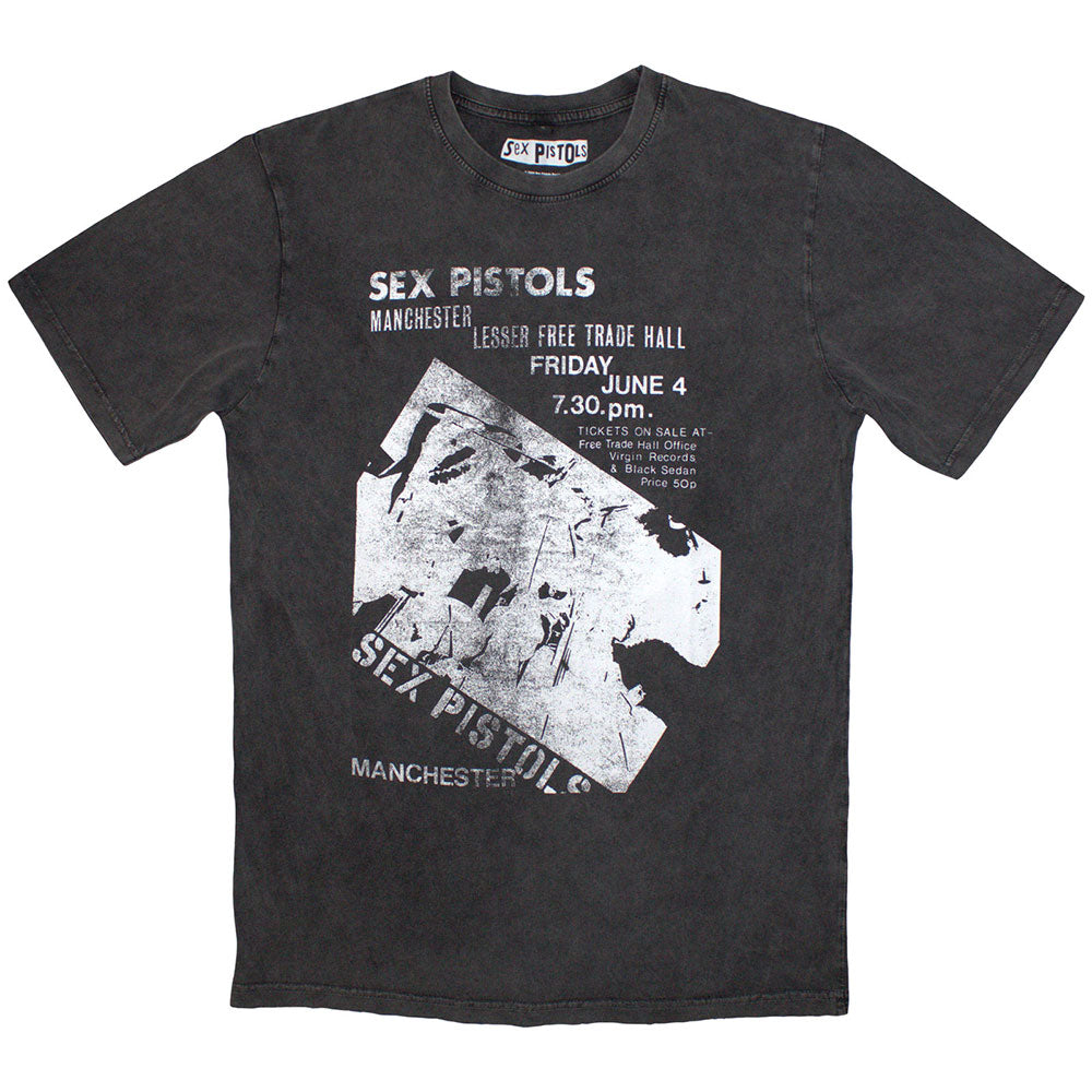 The Sex Pistols Unisex Stone Wash T-Shirt: Manchester Flyer (Charcoal Grey)