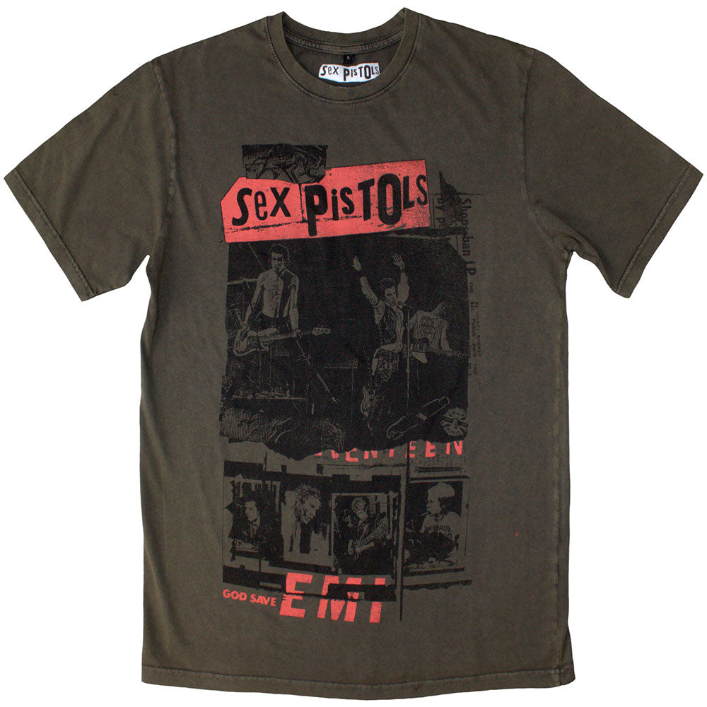 The Sex Pistols Unisex Stone Wash T-Shirt: Photo Collage (Green)