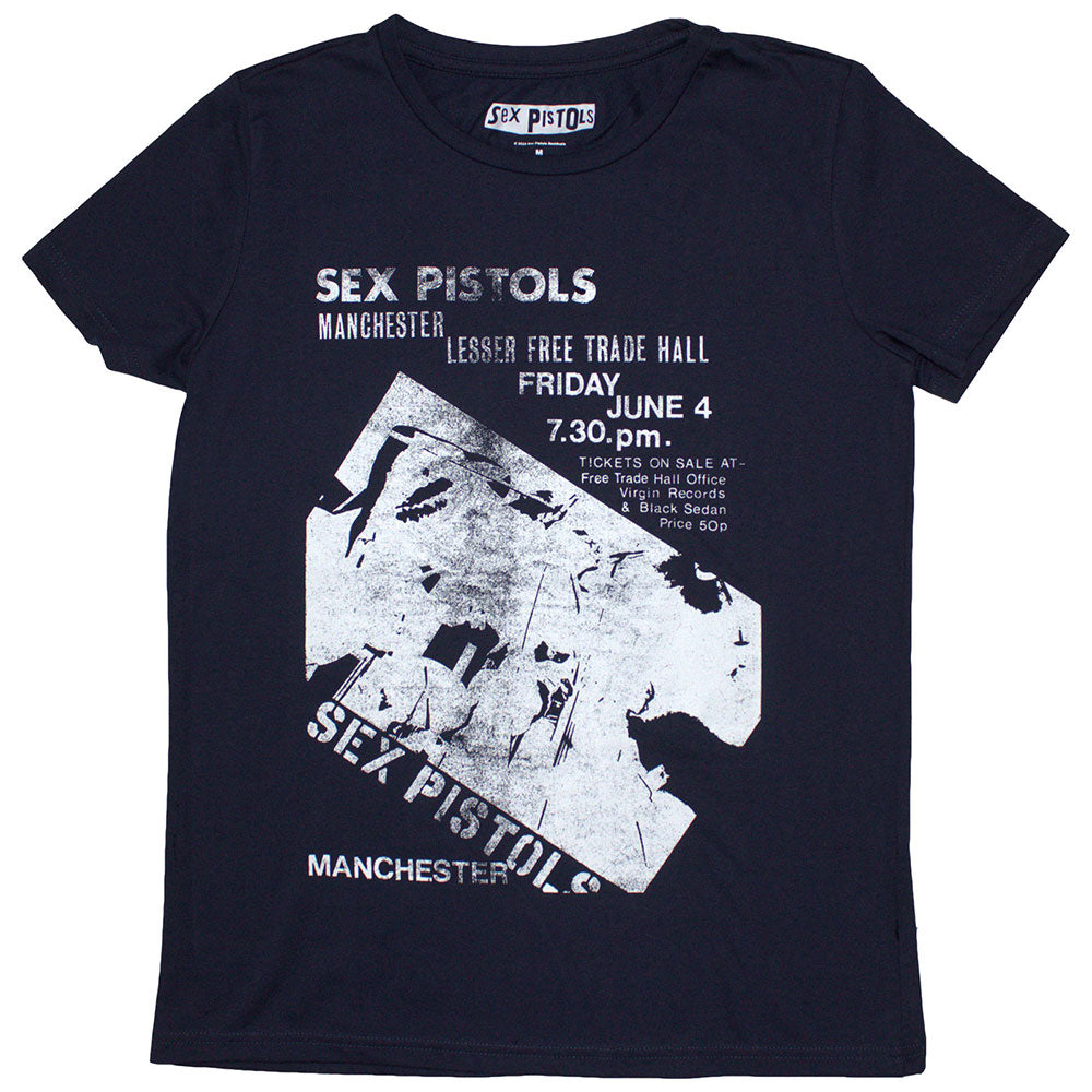 The Sex Pistols Ladies T-Shirt: Manchester Flyer (Navy Blue)