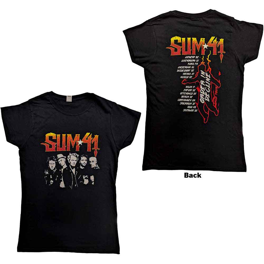 Sum 41 Ladies T-Shirt: Order In Decline Tour 2020 Band Photo (Black) (Back Print & Ex-Tour) (Small)