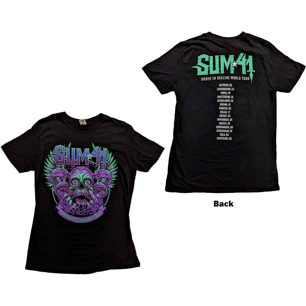 Sum 41 Unisex T-Shirt: Order In Decline Tour 2020 Purple Skull (Black) (Back Print & Ex-Tour) (Medium)