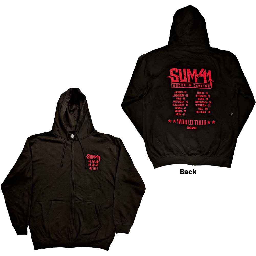 Sum 41 Unisex Zipped Hoodie: Order In Decline Tour 2020 (Black) (Back Print & Ex-Tour) (X-Large)