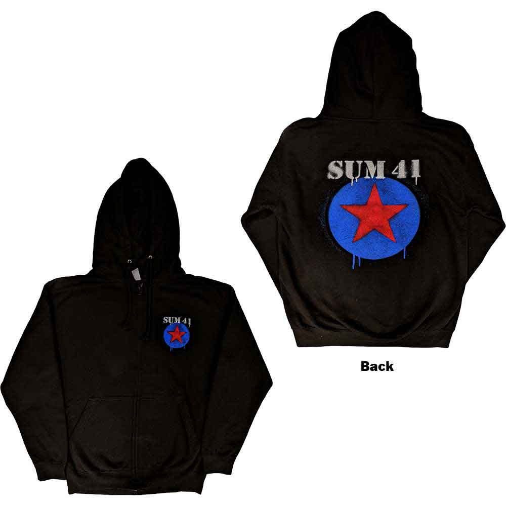 Sum 41 Unisex Zipped Hoodie: Star Logo (Black) (Back Print & Ex-Tour) (X-Large)