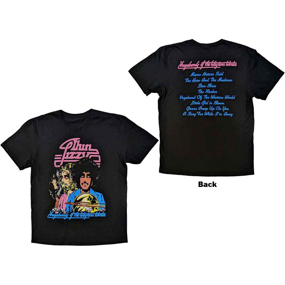 Thin Lizzy Unisex T-Shirt: Vagabonds of the Western World Tracklist (Black) (Back Print)