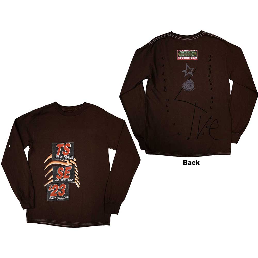 Travis Scott Unisex Long Sleeve T-Shirt: Summer Run 2023 Stockholm (Brown) (Back Print & Ex-Tour)