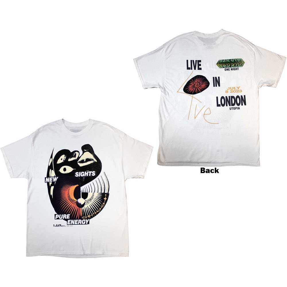 Travis Scott Unisex T-Shirt: Summer Run 2023 London (White) (Back Print & Ex-Tour) (XX-Large)