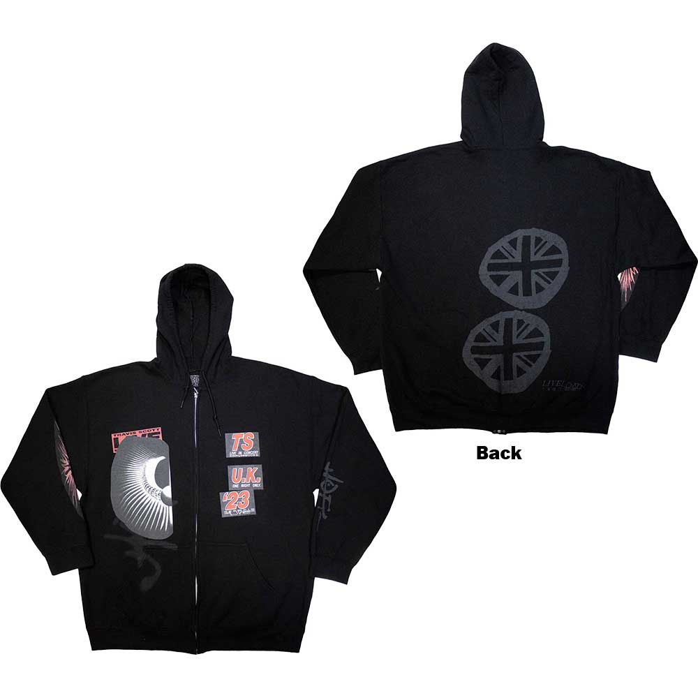 Travis Scott Unisex Zipped Hoodie: Summer Run 2023 London (Black) (Back Print & Ex-Tour) (X-Large)
