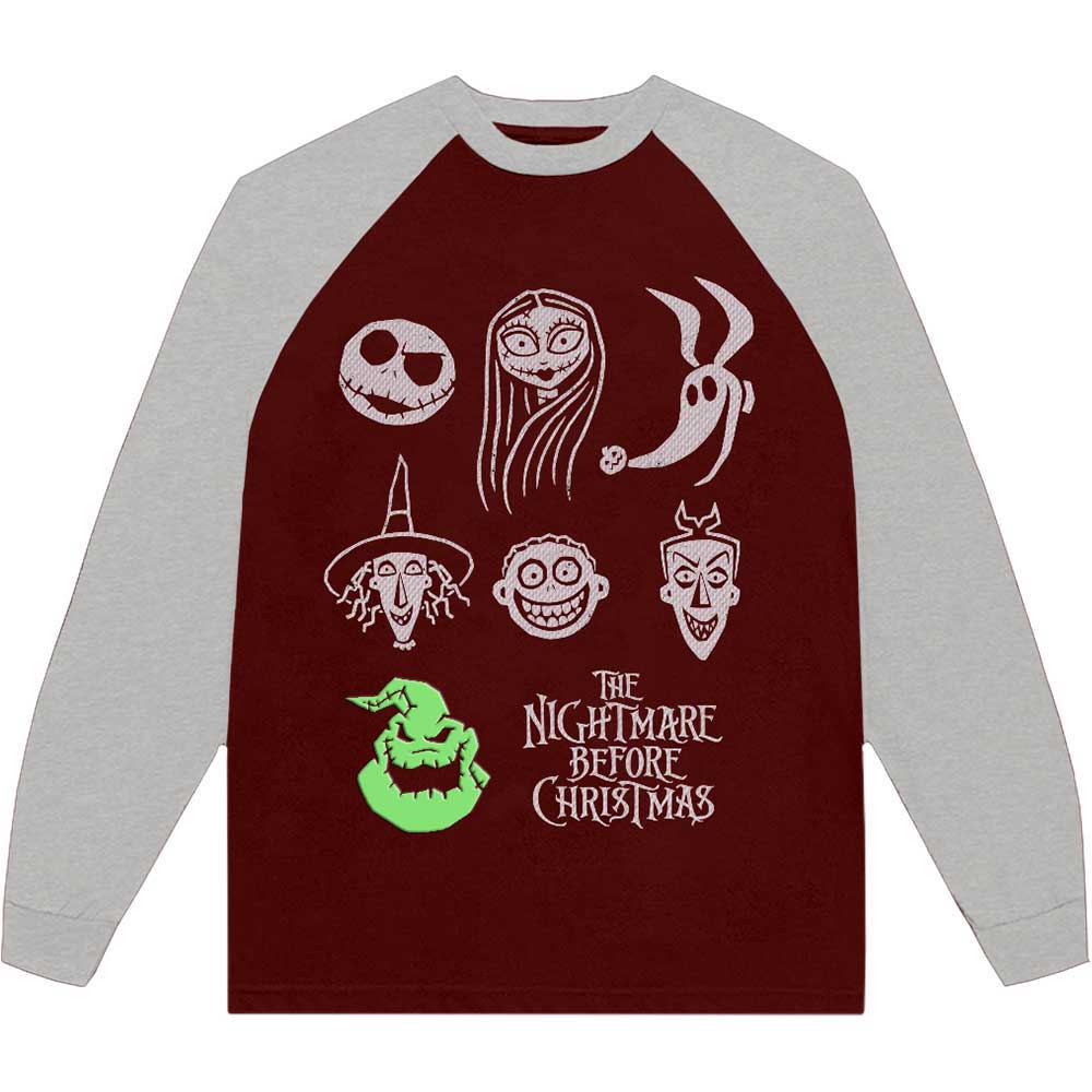 The Nightmare Before Christmas Unisex Raglan T-Shirt: Stacked Faces (Embellished)