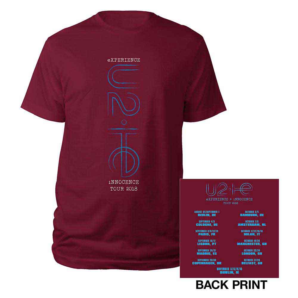 U2 Unisex T-Shirt: I+E London Event 2018 (Maroon Red) (Back Print & Ex-Tour)