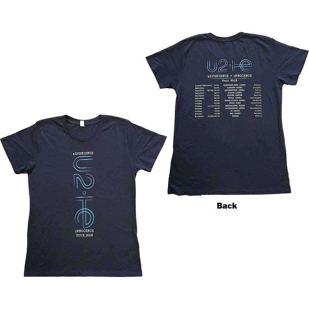 U2 Ladies T-Shirt: I+E 2018 Tour Dates (Navy Blue) (Back Print & Ex-Tour)