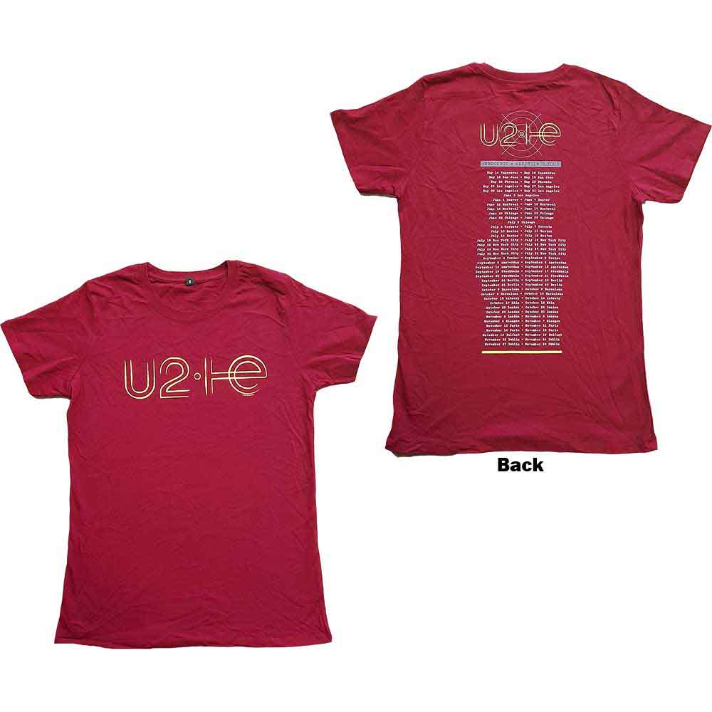 U2 Unisex T-Shirt: I+E 2015 Tour Dates (Maroon Red) (Back Print & Ex-Tour)