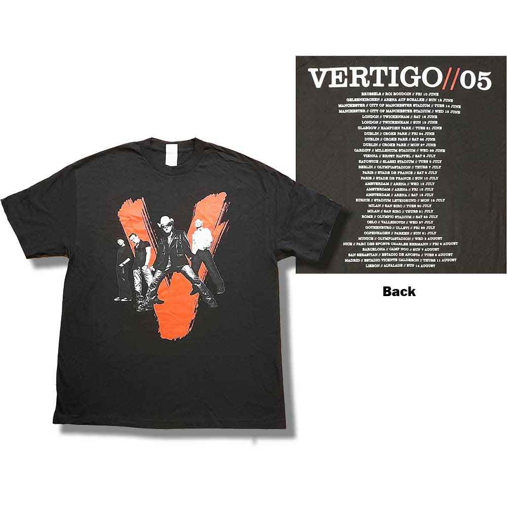 U2 Unisex T-Shirt: Vertigo Tour 2005 V Photo (Black) (Back Print & Ex-Tour) (X-Large)