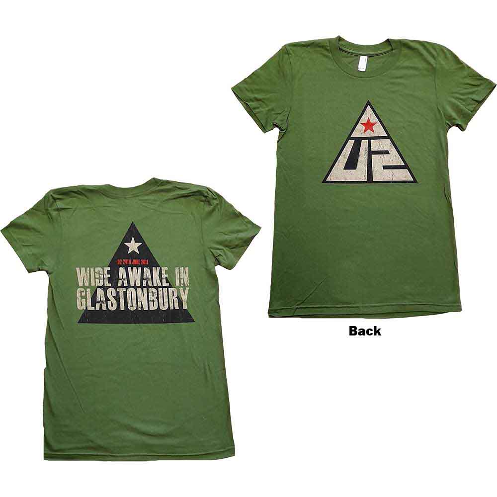 U2 Ladies T-Shirt: Glastonbury 2011 Pyramid Stage (Green) (Back Print & Ex-Tour) (Medium)