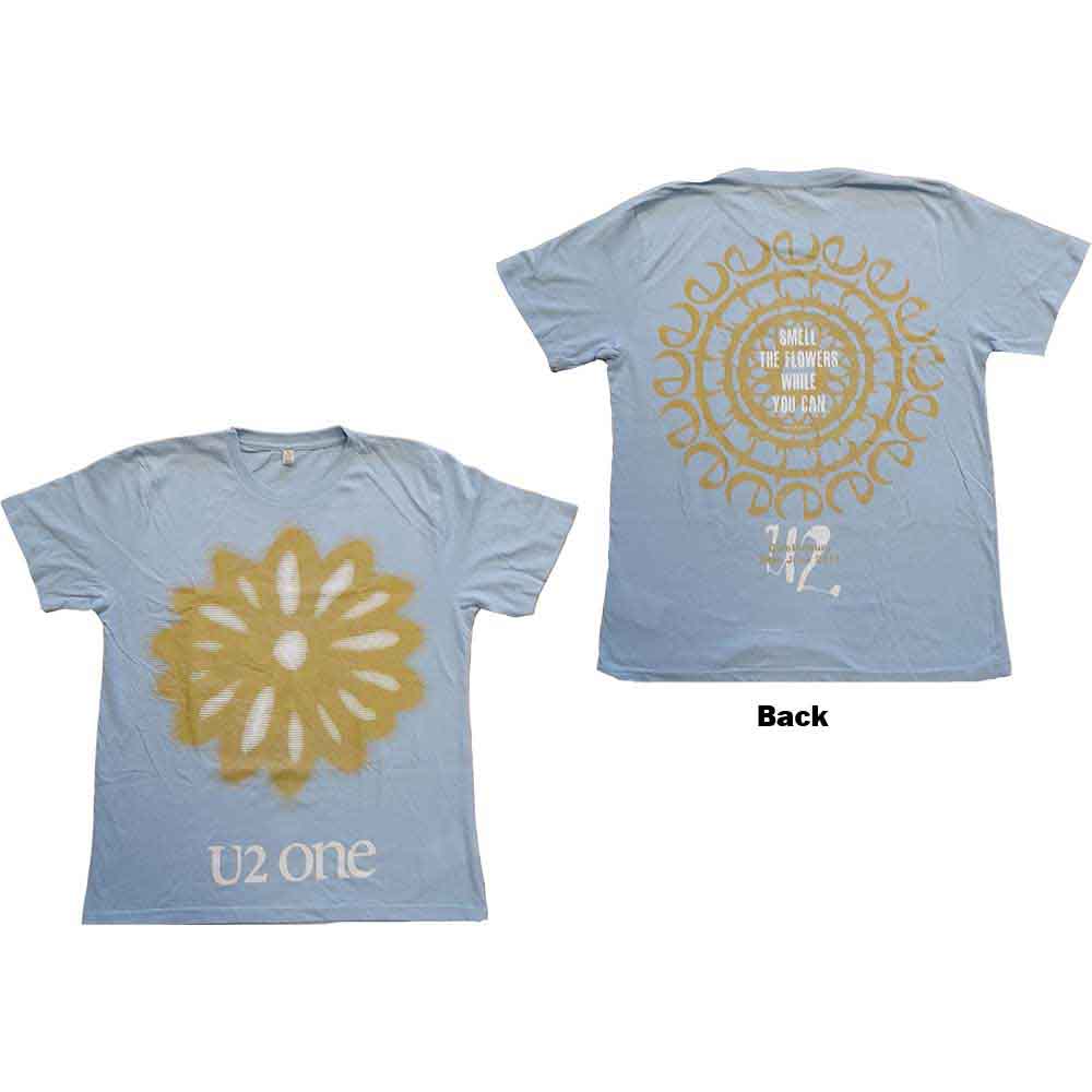 U2 Unisex T-Shirt: Glastonbury 2011 Smell the Flowers (Light Blue) (Back Print & Ex-Tour) (Medium)