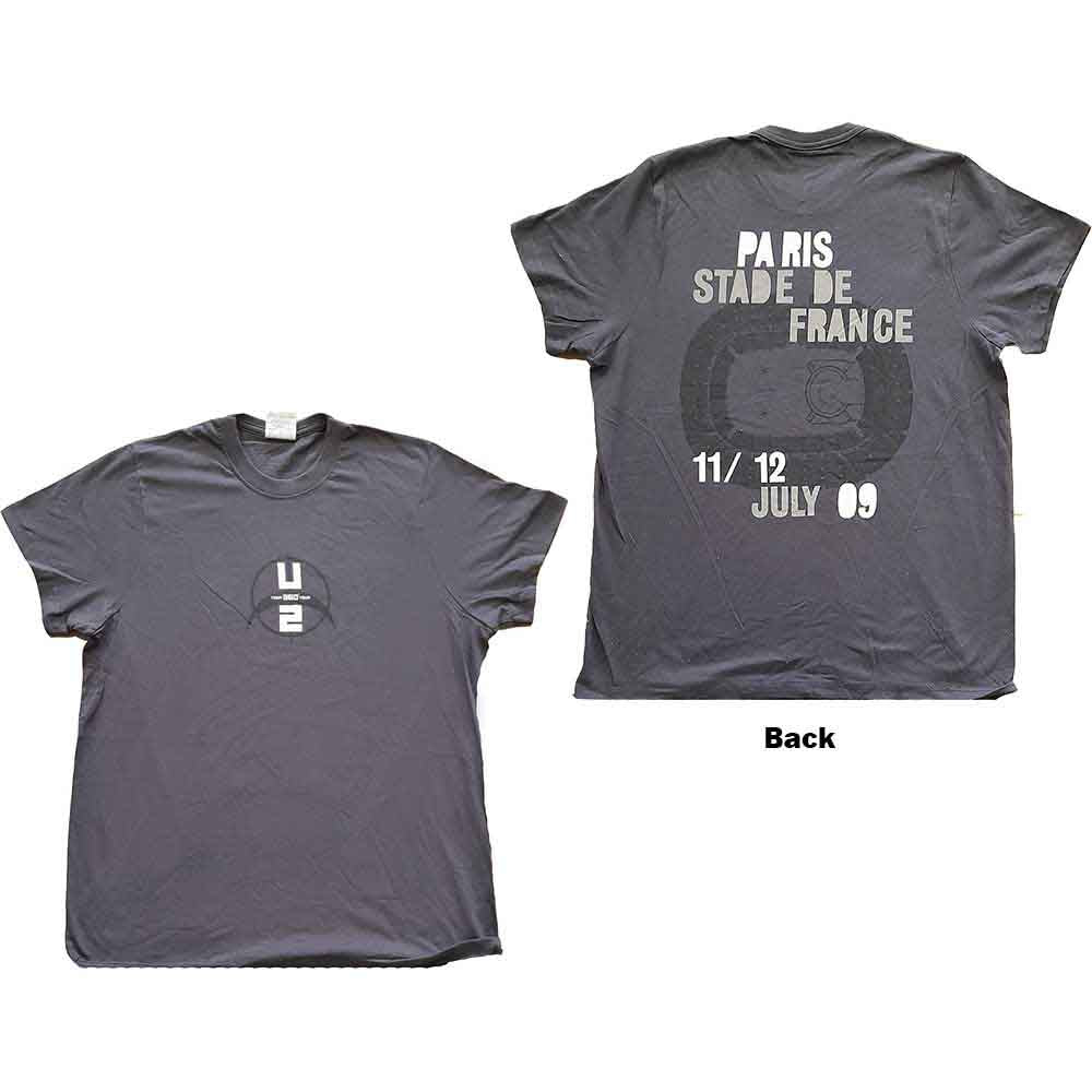 U2 Unisex T-Shirt: 360 Degree Tour Paris 2009 (Grey) (Back Print & Ex-Tour) (Medium)