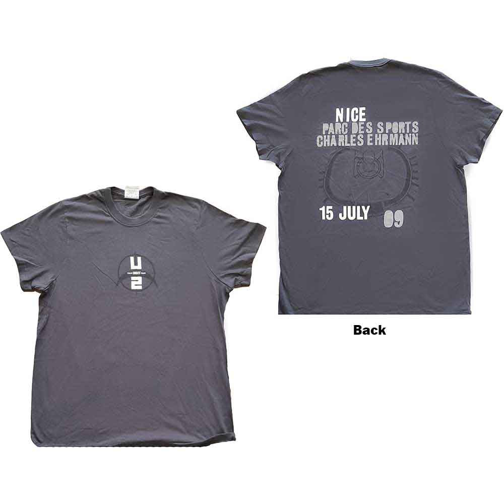 U2 Unisex T-Shirt: 360 Degree Tour Nice 2009 (Grey) (Back Print & Ex-Tour) (Medium)