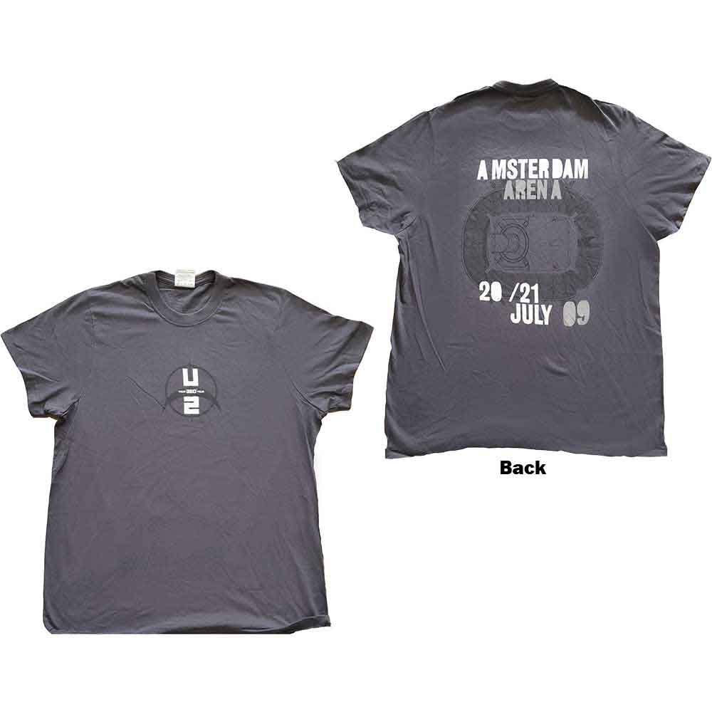 U2 Unisex T-Shirt: 360 Degree Tour Amsterdam 2009 (Grey) (Back Print & Ex-Tour) (Medium)