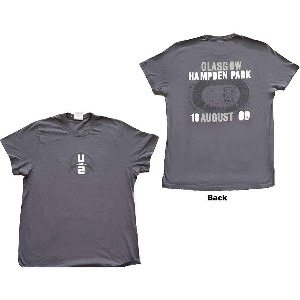 U2 Unisex T-Shirt: 360 Degree Tour Glasgow 2009 (Grey) (Back Print & Ex-Tour) (Medium)