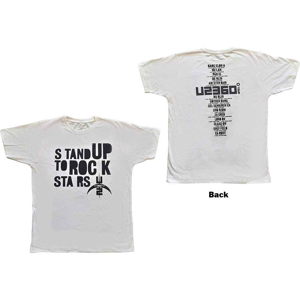 U2 Unisex T-Shirt: 360 Degree Tour 2009 Stand Up to Rock Stars (White) (Back Print & Ex-Tour) (Medium)