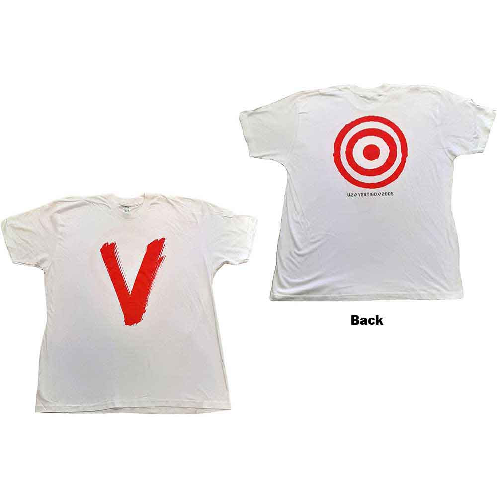 U2 Unisex T-Shirt: U2 Vertigo Tour 2005 Red V (White) (Back Print & Ex-Tour)