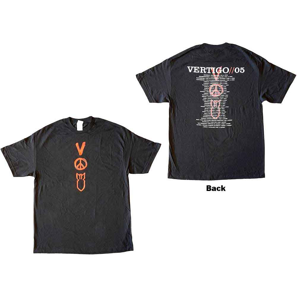 U2 Unisex T-Shirt: Vertigo Tour 2005 Symbols (Black) (Back Print & Ex-Tour) (X-Large)