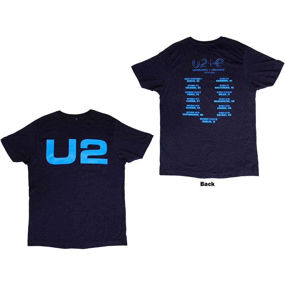 U2 Unisex T-Shirt: Logo E+I 2018 Tour Dates (Navy Blue) (Back Print & Ex-Tour)