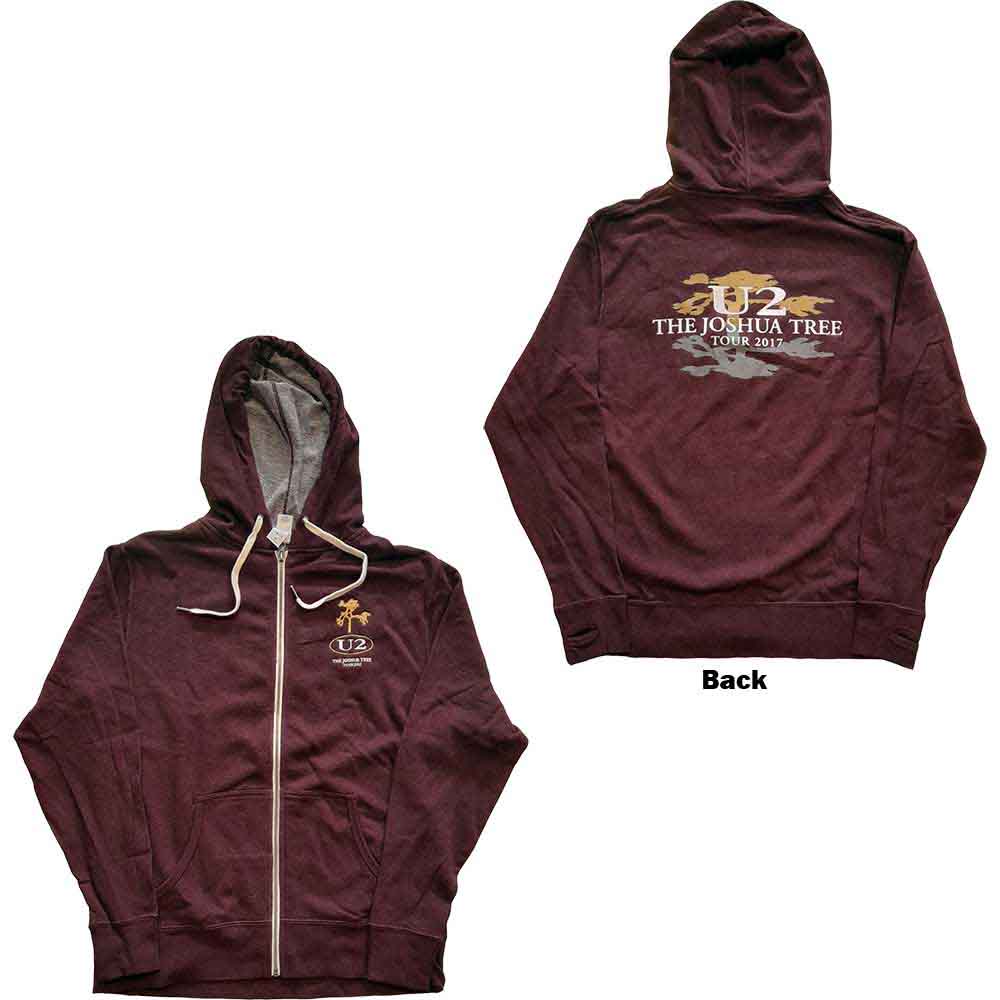 U2 Unisex Zipped Hoodie: Joshua Tree 2017 (Maroon Red) (Back Print & Ex-Tour) (Small)