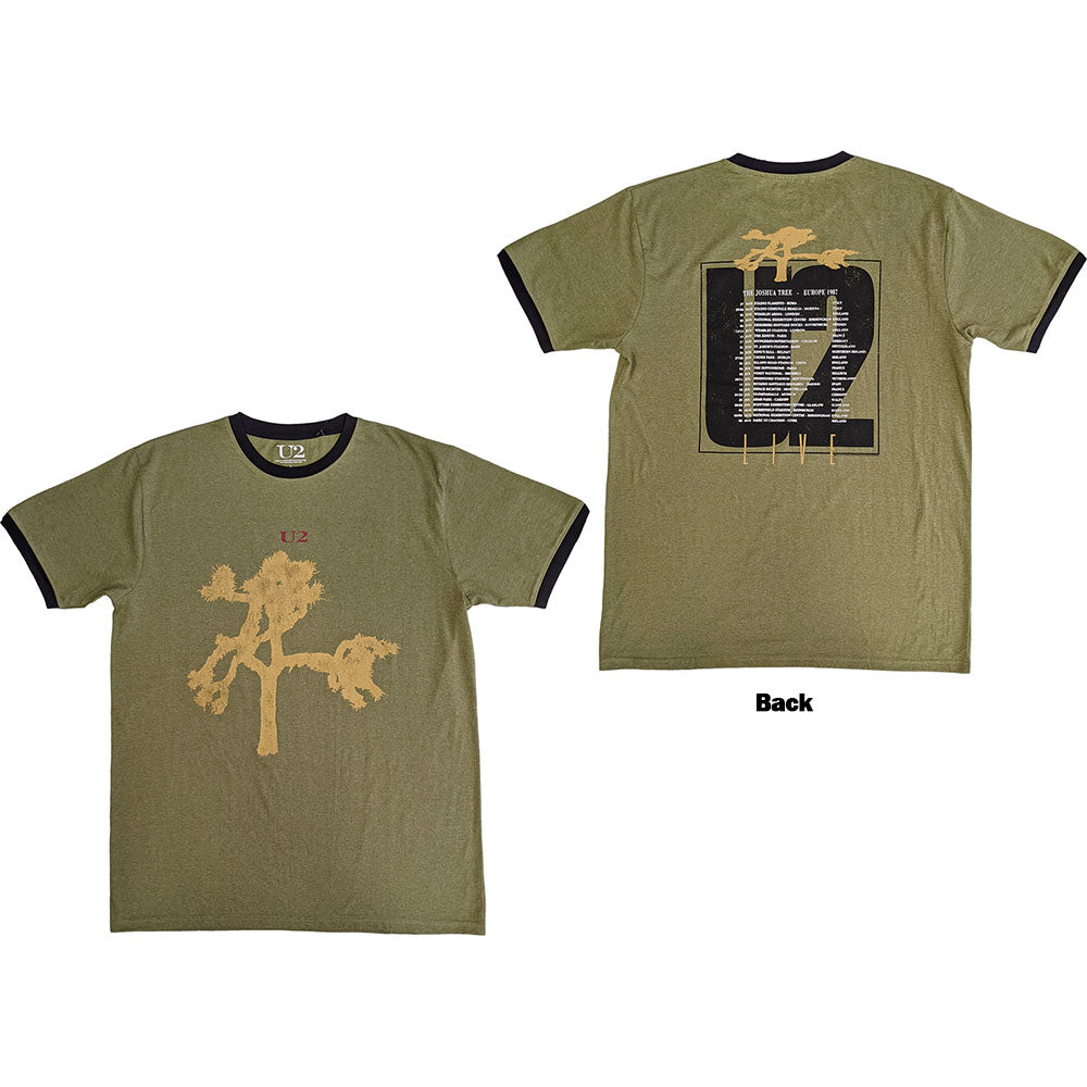 U2 Unisex Ringer T-Shirt: Joshua Tree Europe 1987. (Green) (Back Print)