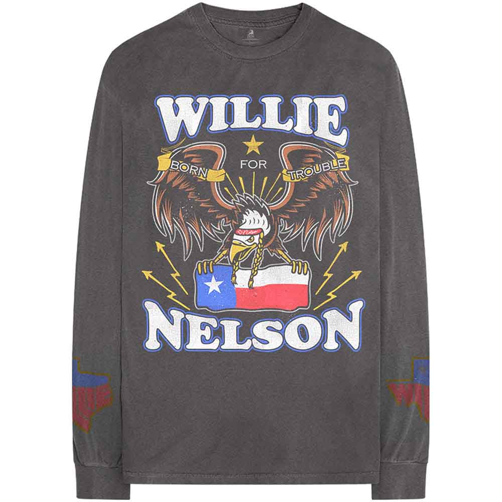 Willie Nelson Unisex Long Sleeve T-Shirt: Texan Pride (Charcoal Grey) (Sleeve Print)