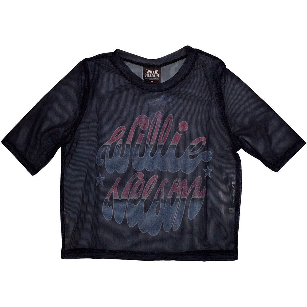 Willie Nelson Ladies Crop Top: Americana (Navy Blue) (Mesh)