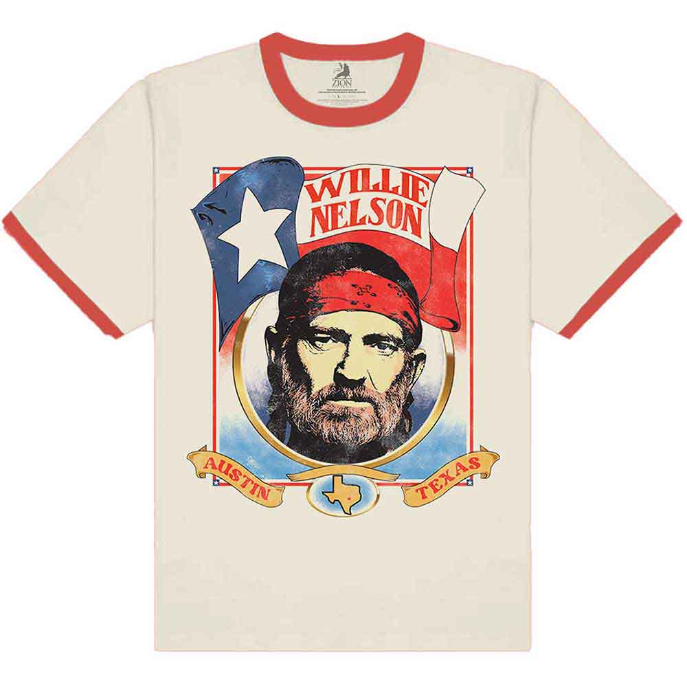 Willie Nelson Unisex Ringer T-Shirt: Americana (Cream & Red)