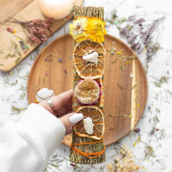 9in Ritual Wand Smudge Stick with Rosemary, Palo Santo and Quartz