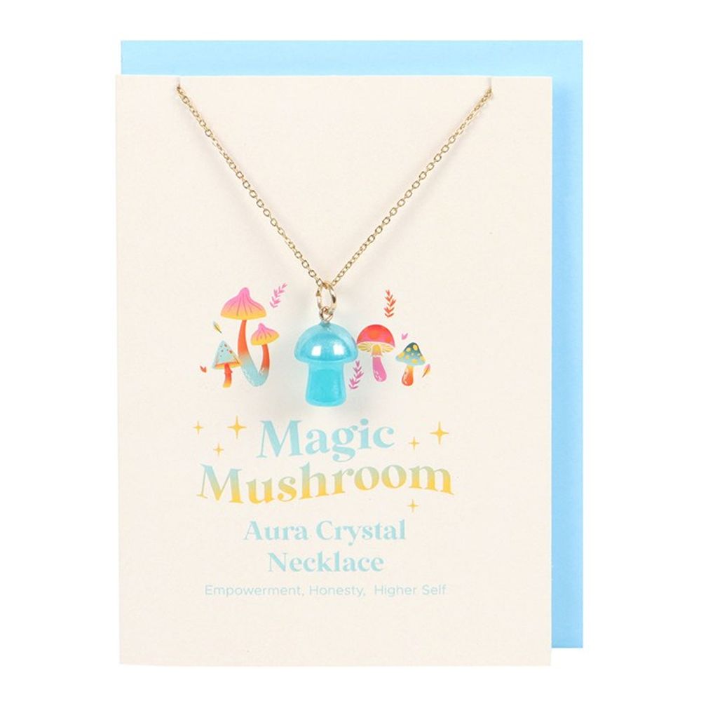 Blue Aura Crystal Mushroom Necklace Greeting Card