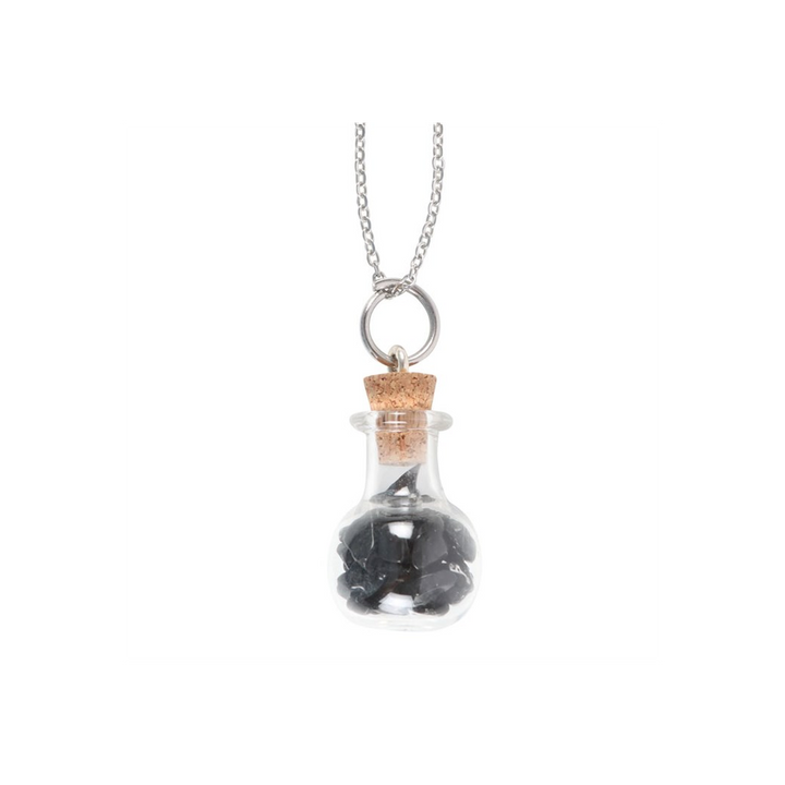 Protection Black Obsidian Crystal Chip Potion Bottle Necklace