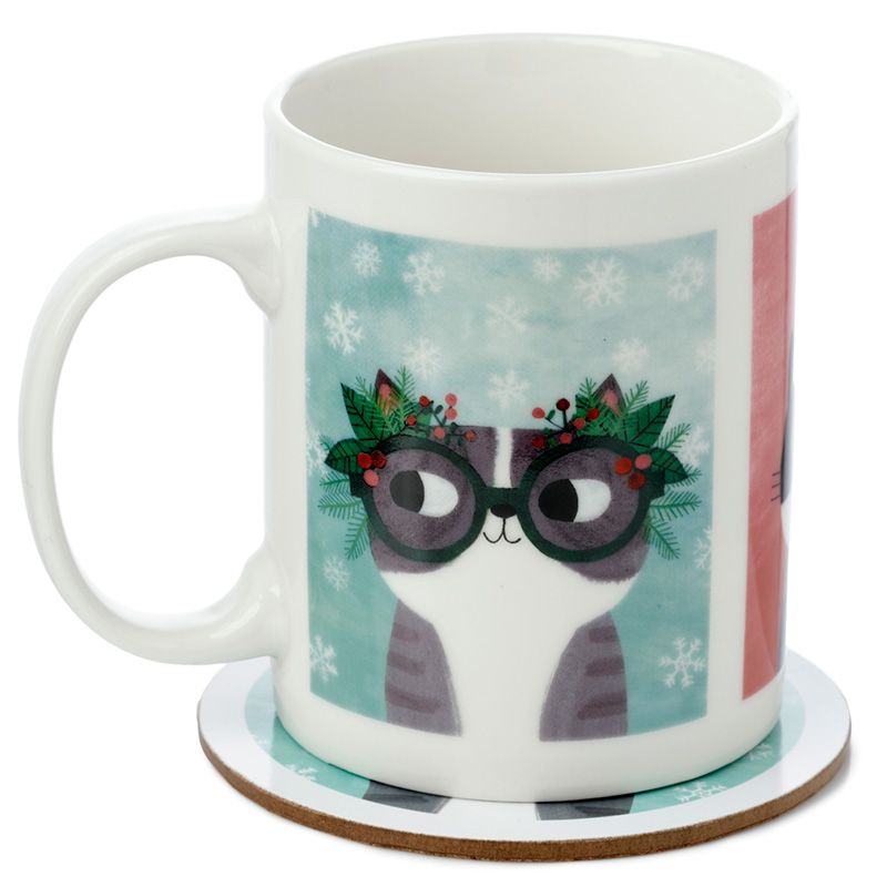 Planet Cat Christmas Porcelain Mug & Coaster Set | Angie Rozelaar