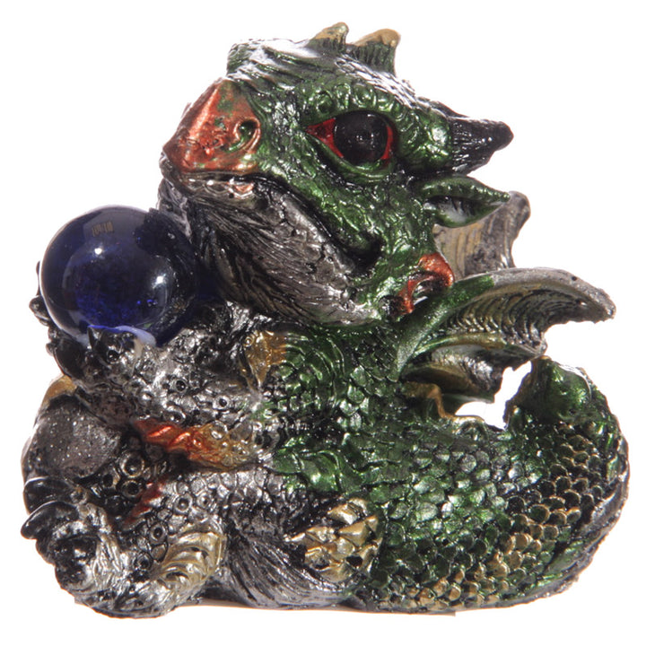 baby dragon with crystal ball figurine green