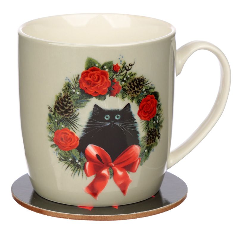 christmas porcelain mug & coaster set - christmas wreath cat by kim haskins