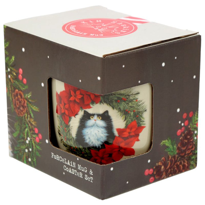 christmas porcelain mug & coaster set - christmas wreath cat by kim haskins