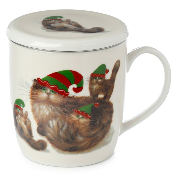 Christmas Elf Cats Porcelain Infuser Mug Set with Lid | Kim Haskins