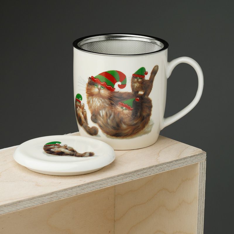 Christmas Elf Cats Porcelain Infuser Mug Set with Lid | Kim Haskins