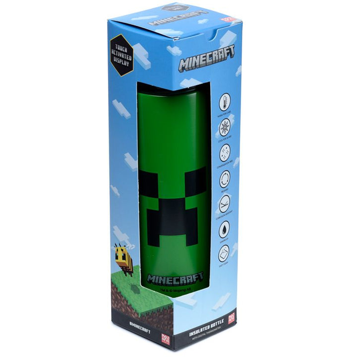 minecraft - creeper reusable stainless steel hot & cold thermal insulated drinks bottle digital thermometer 450ml