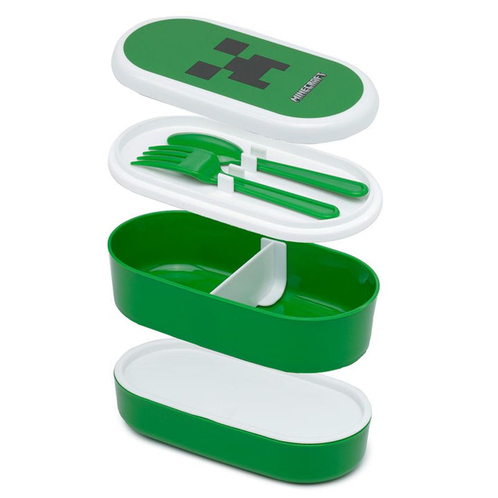 minecraft - creeper stacked bento box lunch box with fork & spoon