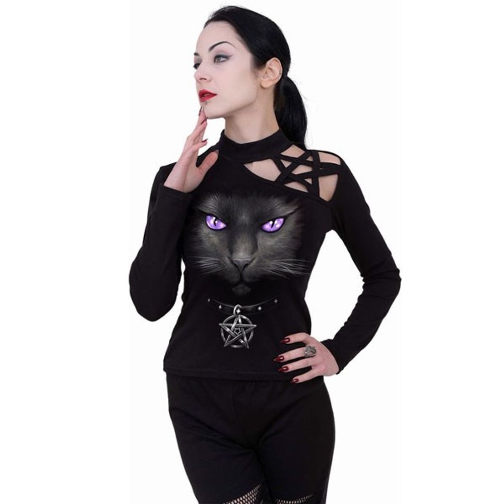 Women's Black Cat Pentagram Longsleeve Top by Spiral Direct XXL